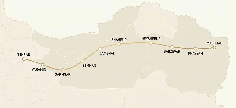 Train routes and major railway stations from Tehran to Mashhad